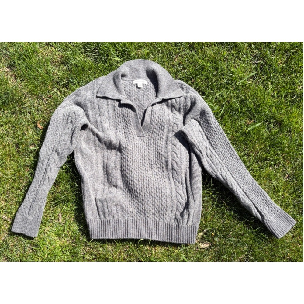 Treasure & Bond Men Gray Merino Wool Cotton Cable Knit Polo Sweater M TB496404MI